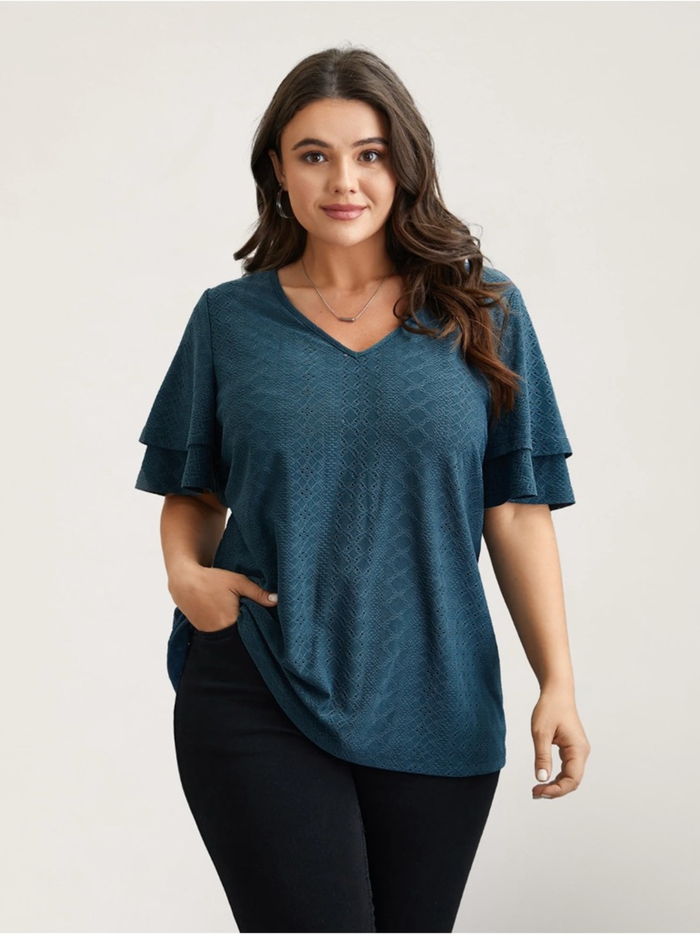 BloomChic green Textured V‑Neck Ruffle Sleeve Top size 14-16